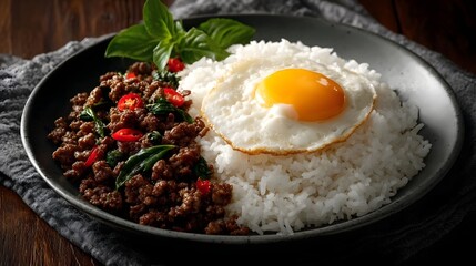 Authentic Thai Pad Kra Pao a spicy minced beef and basil stir fry served with fragrant jasmine rice and a sunny side up fried egg