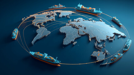 Naklejka premium Container Ships Circling a Digital World Map, Global Trade 