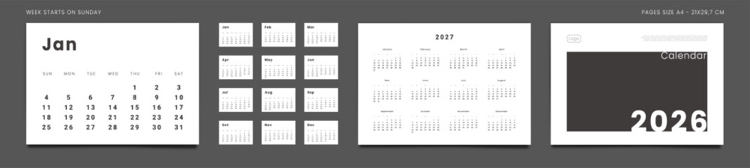 2026 Calendar Planner Set of Template Monthly Page, Cover with Place for Photo, Company Logo, Annual 2027. Vector layout of wall or desk minimalist organizer with week start Sunday in print. Pages A4