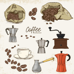 Vintage coffee-themed set with a coffee grinder, coffee maker and coffee beans on a light textured background.