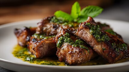 Succulent grilled lamb chops artfully arranged on a white plate richly garnished with fresh green chimichurri sauce and a sprig of mint