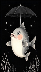  a fish holding an umbrella underwater, set against a dark backdrop.