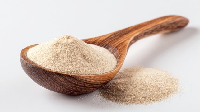 Ultra quality image of agar agar powder in a wooden spoon on white background.