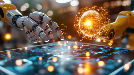 Robotic Hand Interacting with Glowing Energy Sphere on Digital Interface Futuristic Technology Concept