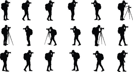 Silhouette of photographer with camera, tripod, backpack, outdoor shooting, travel lifestyle, creative photography, professional work, artistic expression, adventure activity
