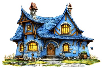 Whimsical blue storybook cottage with warm glowing windows.