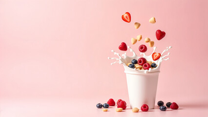Glass of berry smoothie on white marble background, surrounded by scattered fruits and flax seeds, minimal soft lighting, clean food photography style