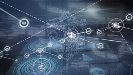 Animation of network of connections with icons over block chain and digital shield - Powered by Adobe