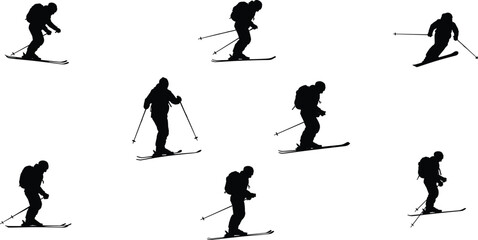 Silhouette of skier with poles, skiing downhill, winter sport, extreme action, mountain slope, outdoor adventure, snow activity, alpine lifestyle