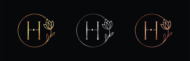 Delicate Gold, Silver & Rose Gold Letter H Monogram Icon. Vector Art with Floral Wreath for Wedding Invitations and Feminine Brands.