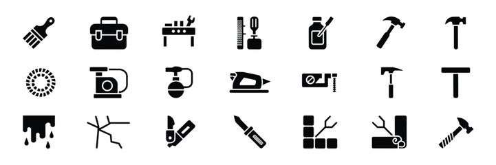 Tool & Hardware Icon Set – Black Silhouette Symbols for DIY, Construction, and Workshop Equipment