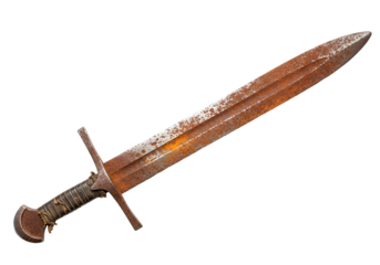 A rusted medieval sword with a dark handle lies against a stark black backdrop.