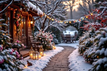 winter garden decorated for christmas with candles, lanterns, warm lighting, soft snow, romantic and intimate outdoor ambiance for couples.