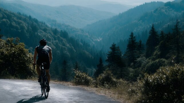 Rear view of a cyclist ascending a winding mountain road surrounded by a lush green forest and expansive valleys under a bright sky - Powered by Adobe