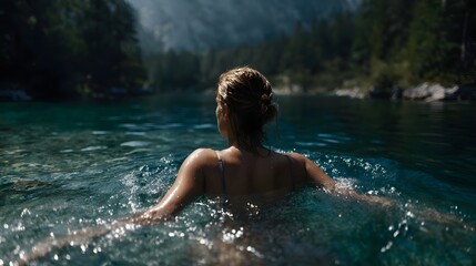 Fototapeta premium Woman enjoying a refreshing swim in crystal clear blue green lake waters surrounded by serene mountains and a lush green forest on a sunny day