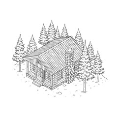 Fototapeta premium A charming handdrawn log cabin with a stone chimney nestled among evergreen pine trees.