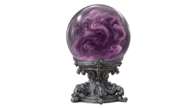 Crystal ball with swirling purple mist inside, mystical fortune telling object isolated on transparent background