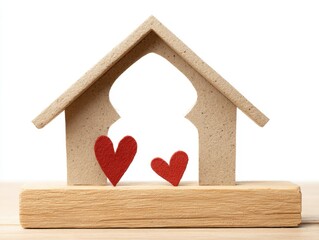 House shaped paper cutout and two small hearts on natural wood lumber. Isolated on white background.