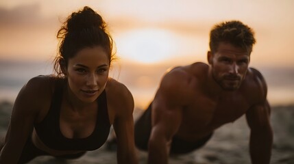 An athletic couple performs push ups on a sandy beach during a beautiful sunset embodying strength and a healthy lifestyle