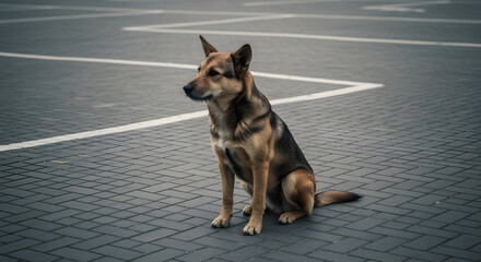 Alert Brown Shepherd Mix Dog Sitting Peacefully on Grey Paved Parking Lot Surface Under Bright Daylight