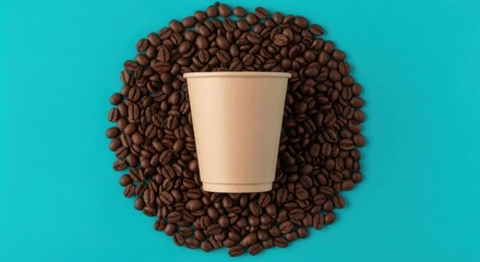 Cozy Coffee Cup Nestled Amidst Rich Dark Roasted Coffee Beans on Vibrant Teal Background