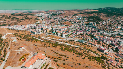 August  28, 2025 Yozgat Turkey. Aerial view of Yozgat City in Turkey.  View of Yozgat city from Nohutlu Tepe Municipal Facilities.Yozgat State City Hospital is visible. © enderbayindir