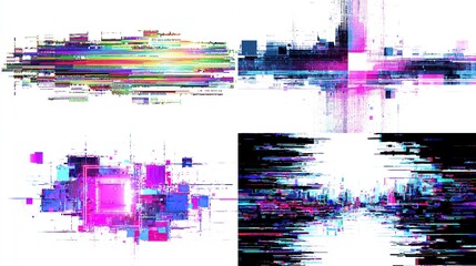 Four digital glitch art pieces, exhibiting colorful distortions and pixelated effects on a white background