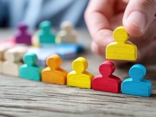 Human resource management. Selecting person for the job. Personnel, employment and recruitment concept. Assembling jigsaw puzzle pieces on wood desk.
