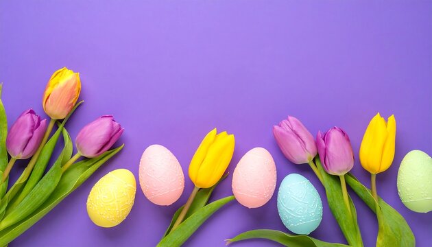 Pastel eggs & tulips on purple (1)