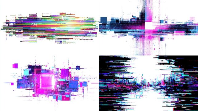 Four digital glitch art pieces, exhibiting colorful distortions and pixelated effects on a white background