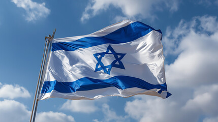 Israel flag waving in the wind against a blue sky patriotic symbol image