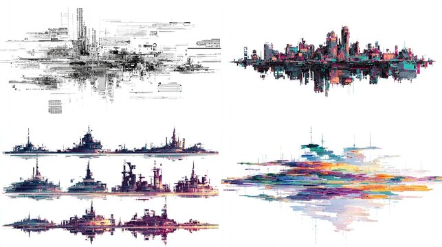 Four variations of futuristic cityscapes, from sketch to vibrant digital art