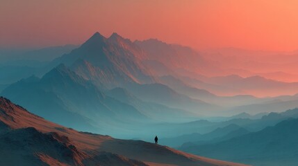 Fototapeta premium Solitary Figure Gazing at Majestic Mountain Range at Sunset Landscape