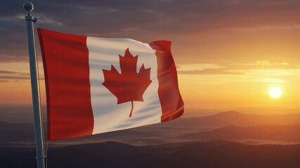 AI-generated abstract the Canadian flag waving against a stunning sunset over mountains and valleys - Powered by Adobe