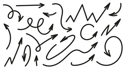Set of simple hand-drawn black arrows in various styles. Unique doodle arrow collection with different directions and shapes, perfect for design, highlights, notes, web, icons, and decoration.