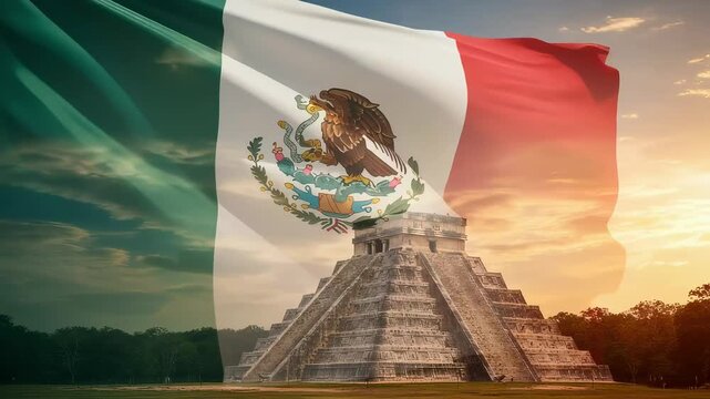 AI-generated abstract blending the Mexican flag and Chichen Itza pyramid at sunset
