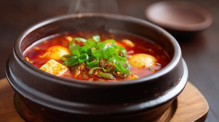 Spicy stew served in clay pot garnished with green onions on wooden table