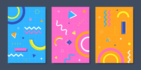 Modern Memphis posters and backgrounds with abstract geometric shapes, bright colors, simple patterns, and retro 80s feels, ideal for cards or story templates. Vector illustration