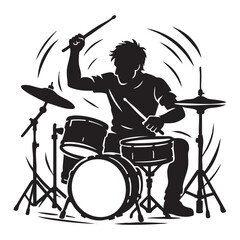 Black silhouette of a drummer mid-performance, musical and dynamic vector.
