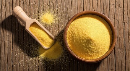 Wooden scoop and bowl filled with yellow cornmeal