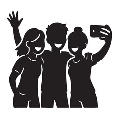 Black silhouette of friends taking a selfie together, fun and modern vector style.