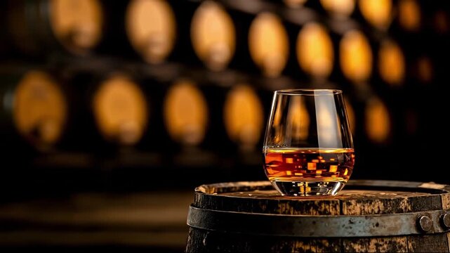A glass of whiskey sitting on top of a wooden barrel