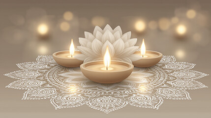 Diwali celebration with candles and lotus flower, hindu festival of lights