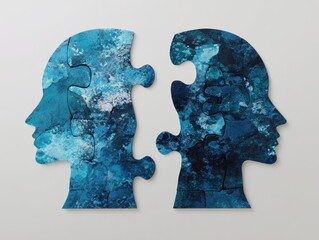 Intellectual mind image. Connecting two jigsaw puzzle pieces. Blue person head silhouette.