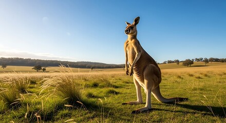 Kangaroo standing in a grassy field at sunset with sun flare