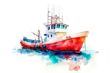 Vivid Watercolor Painting of a Fishing Boat on Calm Water.