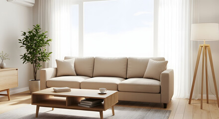 Fototapeta premium Bright and airy modern living room with a beige sofa, wooden coffee table, and a large window letting in natural light.