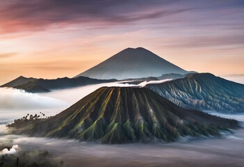 Fototapeta premium Majestic Mount Bromo Sunrise: Volcanic Peaks Emerging from Misty Clouds