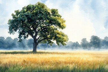 Fototapeta premium Majestic Solitary Tree Stands Tall in Golden Field Under Blue Sky.