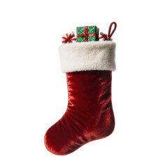 Red Velvet Christmas Stocking with Presents on Transparent Background